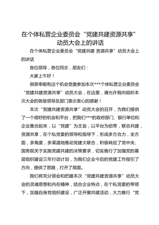 在个体私营企业委员会“党建共建 资源共享”动员大会上的讲话