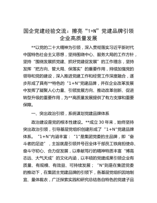 国企党建经验交流：擦亮“1N”党建品牌引领企业高质量发展