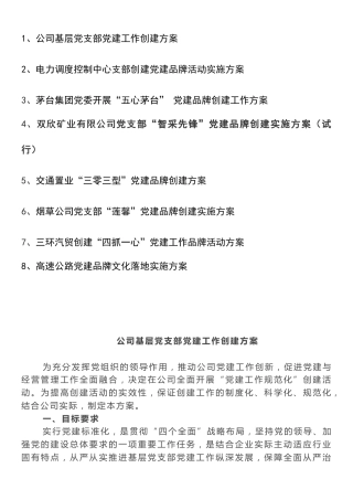 （8篇）企业党建品牌创建方案（建工、电力、茅台、矿业、交通、烟草、三环汽贸、高速）