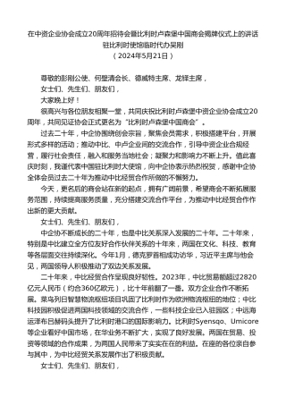 驻比利时使馆临时代办吴刚：在中资企业协会成立周年招待会暨比利时卢森堡中国商会揭牌仪式上的讲话