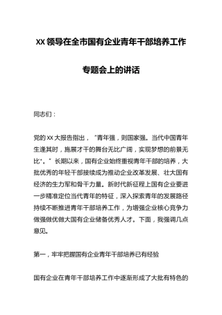 XX领导在全市国有企业青年干部培养工作专题会上的讲话