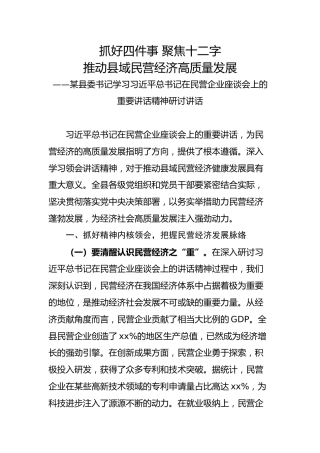 某县委书记学习习近平总书记在民营企业座谈会上的重要讲话精神研讨讲话