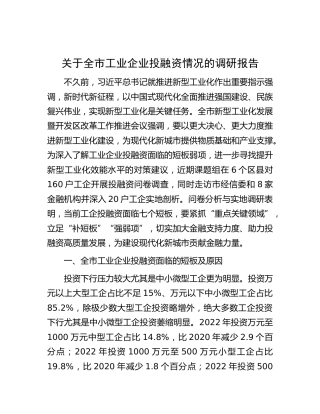 关于全市工业企业投融资情况的调研报告