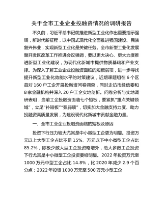 全市工业企业投融资情况的调研报告