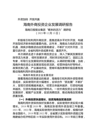 海南外商投资企业发展调研报告