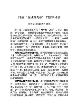 （营商环境）打造“ 企业最有感” 的营商环境——浙江湖州市委书记  陈浩