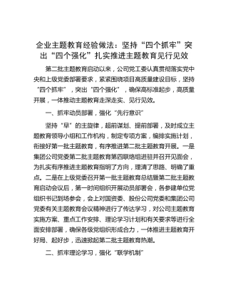 企业主题教育经验做法：坚持“四个抓牢” 突出“四个强化” 扎实推进主题教育见行见效