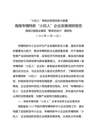 调研报告：海南专精特新“小巨人”企业发展调研报告