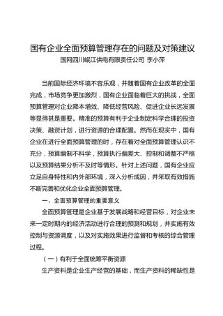 调研报告：国有企业全面预算管理存在的问题及对策建议——国网四川岷江供电有限责任公司