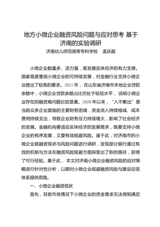 调研报告：地方小微企业融资风险问题与应对思考 基于济南的实验调研