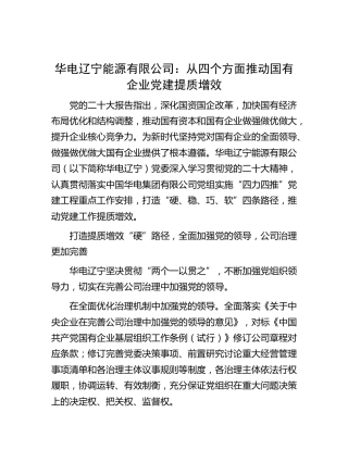 华电辽宁能源有限公司：从四个方面推动国有企业党建提质增效