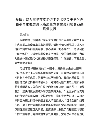 党课：深入贯彻落实习近平总书记关于党的自我革命重要思想 以高质量党的建设引领企业高质量发展