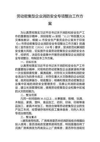 劳动密集型企业消防安全专项整治工作方案