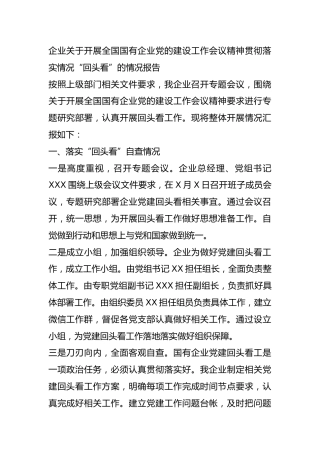 企业关于开展全国国有企业党的建设工作会议精神贯彻落实情况“回头看”的情况报告—