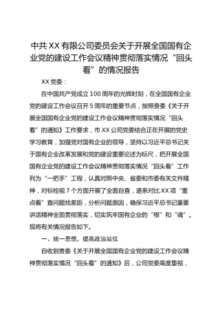 00中共XX有限公司委员会关于开展全国国有企业党的建设工作会议精神贯彻落实情况“回头看”的情况报告