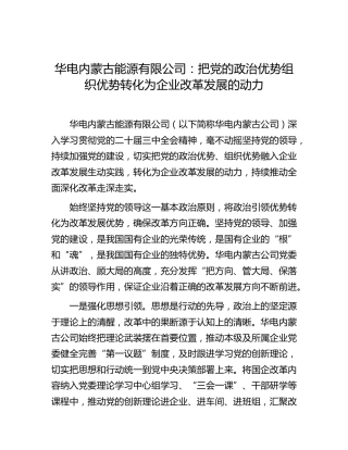 华电内蒙古能源有限公司：把党的政治优势组织优势转化为企业改革发展的动力
