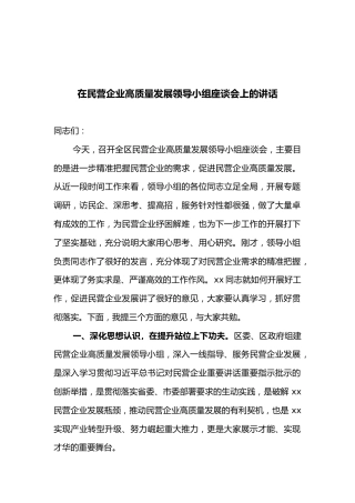 2021年在民营企业高质量发展领导小组座谈会上的讲话