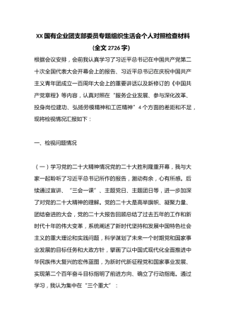 XX国有企业团支部委员专题组织生活会个人对照检查材料(全文2726字）
