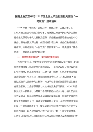国有企业支部书记2021年度全面从严治党暨党风廉政“一岗双责”履职情况