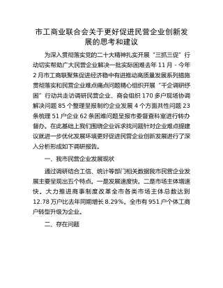 市工商业联合会更好促进民营企业创新发展的思考和建议（调研报告）