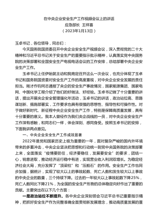 应急部长王祥喜：在中央企业安全生产工作视频会议上的讲话