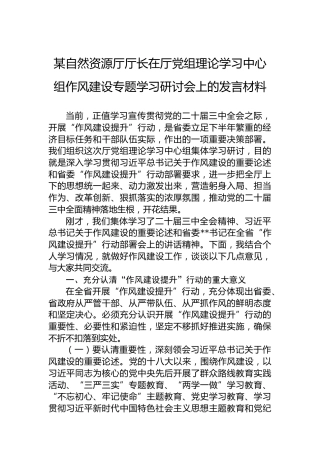 某自然资源厅厅长在厅党组理论学习中心组作风建设专题学习研讨会上的发言材料