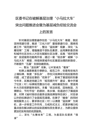 区委书记在破解基层治理“小马拉大车”突出问题推进会暨为基层减负经验交流会上的发言