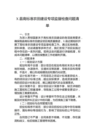X县高标准农田建设专项监督检查问题清单