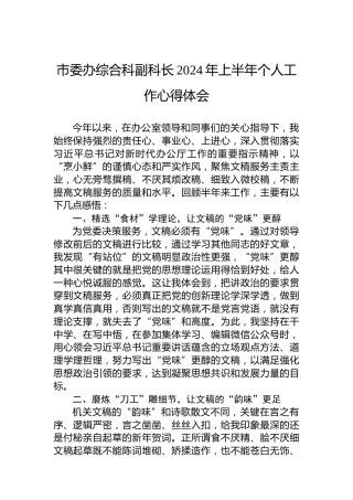 市委办综合科副科长2024年上半年个人工作心得体会