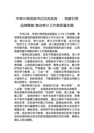 市审计局党组书记交流发言：：党建引领品牌聚能推动审计工作高质量发展