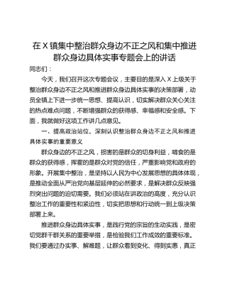 在X镇集中整治群众身边不正之风和集中推进群众身边具体实事专题会上的讲话