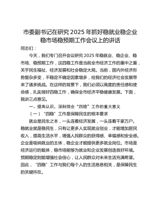 市委副书记在研究2025年抓好稳就业稳企业稳市场稳预期工作会议上的讲话_1