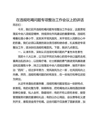 在违规吃喝问题专项整治工作会议上的讲话