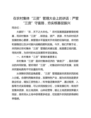 在农村集体“三资”管理大会上的讲话：严管“三资”守富路，夯实根基促振兴