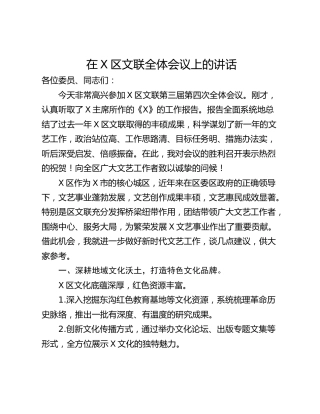 在X区文联全体会议上的讲话