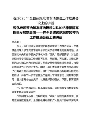 在2025年全县违规吃喝专项整治工作推进会议上的讲话