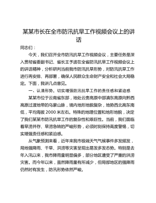某某市长在全市防汛抗旱工作视频会议上的讲话