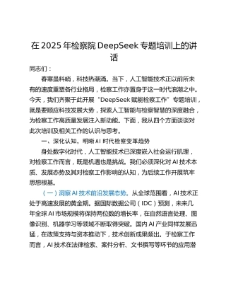 在2025年检察院DeepSeek专题培训上的讲话