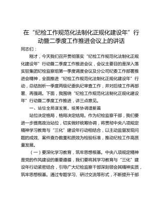 在“纪检工作规范化法制化正规化建设年”行动暨二季度工作推进会议上的讲话