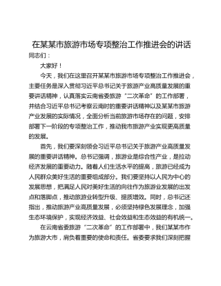在某某市旅游市场专项整治工作推进会的讲话