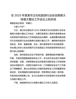 在2025年某某市文化和旅游行业安全隐患大排查大整治工作会议上的讲话