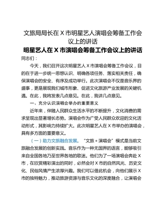 文旅局局长在X市明星艺人演唱会筹备工作会议上的讲话