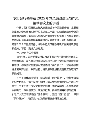 农行分行领导在2025年党风廉政建设与作风整顿会议上的讲话