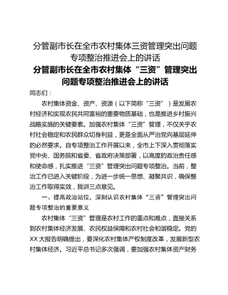 分管副市长在全市农村集体三资管理突出问题专项整治推进会上的讲话