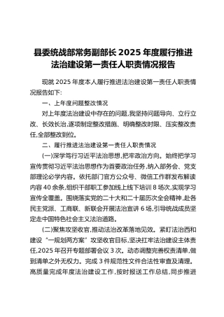 县委统战部常务副部长2025年度履行推进法治建设第一责任人职责情况报告