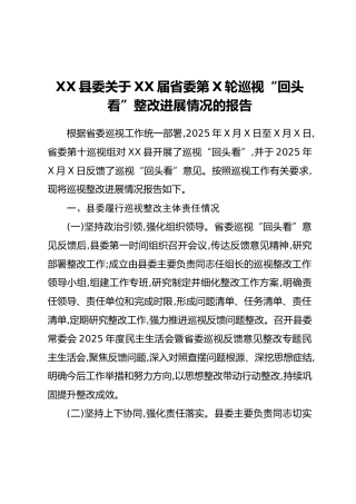 XX县委关于XX省委第X轮巡视“回头看”整改进展情况的报告