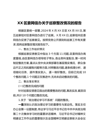 XX区委网信办关于巡察整改情况的报告