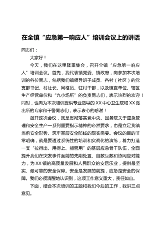 在全镇“应急第一响应人”培训会议上的讲话