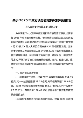 关于2025年政府债务管理情况的调研报告