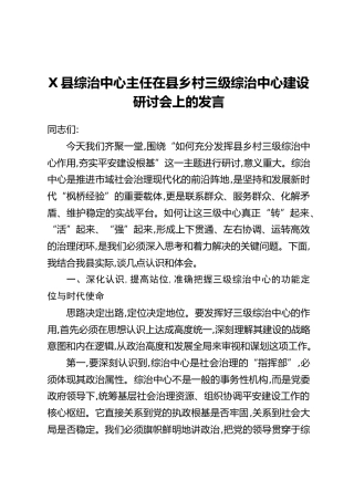 X县综治中心主任在县乡村三级综治中心建设研讨会上的发言